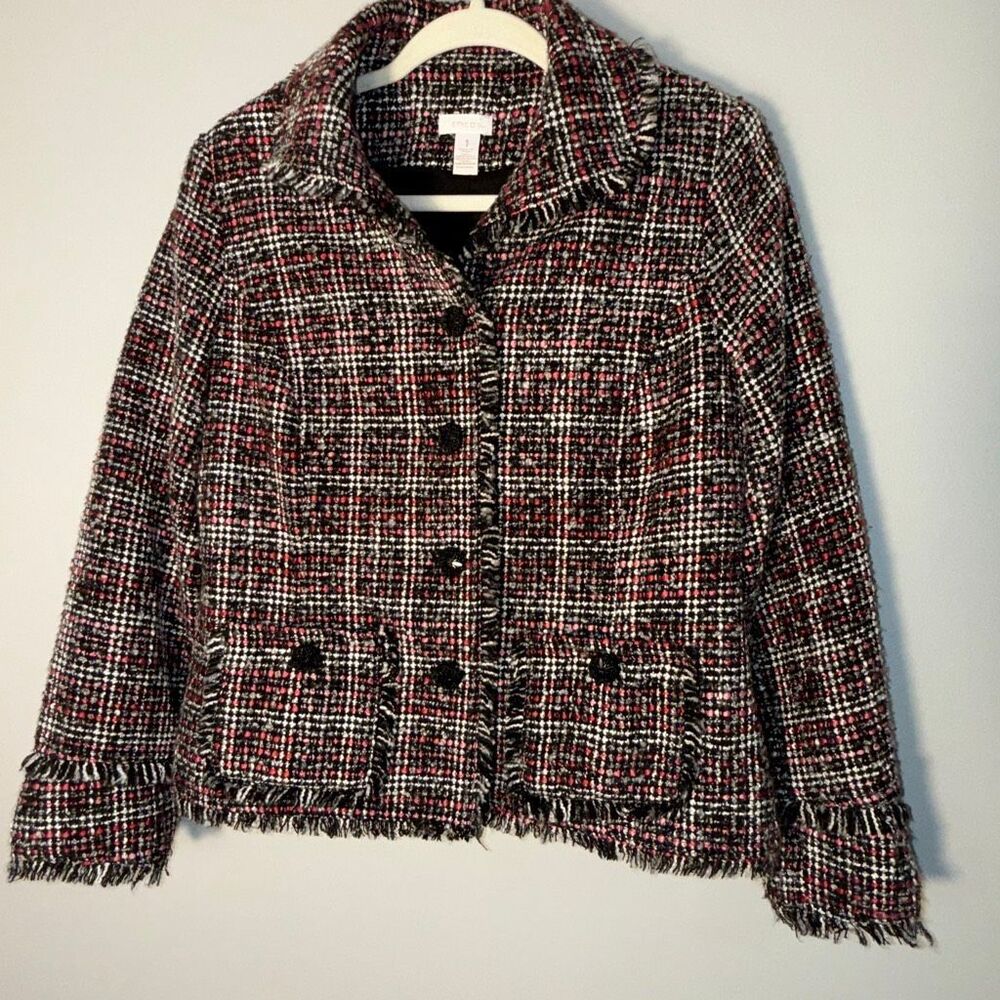 Chico’s Tweed Blazer Jacket Red Black White Fringe Trim Classic Fit Button Front